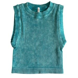 Zenana Stone Washed Ribbed Teal Seamless Crop Tank Top L/XL